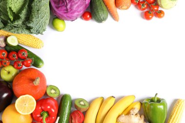 Olgun sebze ve meyve izole ile Kompozisyon. Üstte görüntü