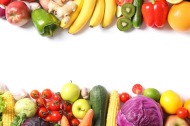 Olgun sebze ve meyve izole ile Kompozisyon. Üstte görüntü