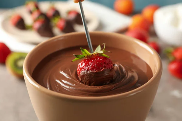 Aardbei Chocolade Close Chocolade Fondue — Stockfoto