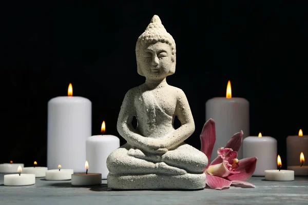 Composition Buddha Candles Wooden Table Zen Concept — Stock Photo, Image