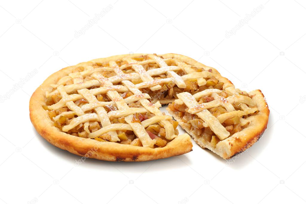 Tasty apple pie isolated on white background. Homemade food