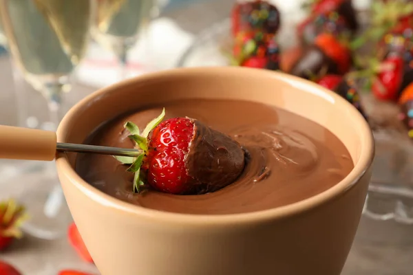 Fresa Chocolate Cerca Fondue Chocolate — Foto de Stock