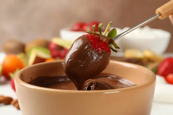 Aardbei Chocolade Close Chocolade Fondue — Stockfoto