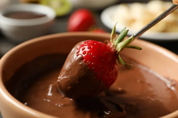 Aardbei Chocolade Close Chocolade Fondue — Stockfoto