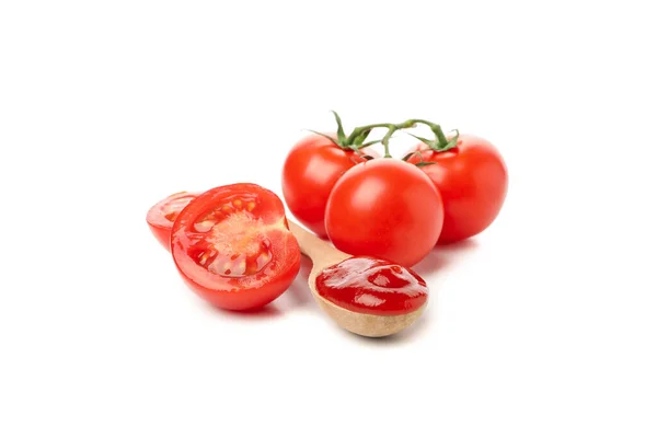 Pomodori Cucchiaio Con Salsa Isolata Sfondo Bianco — Foto Stock