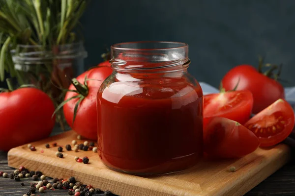 Composition Tomatoes Sauce Wooden Background Ripe Vegetable — Stock Photo, Image