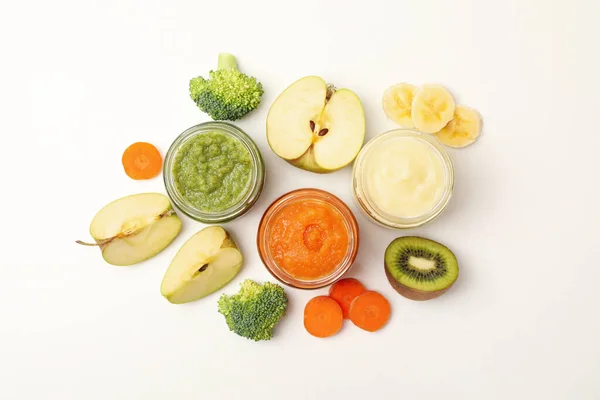 Composición Con Alimentos Para Bebés Sobre Fondo Blanco Puré Verduras —  Fotos de Stock