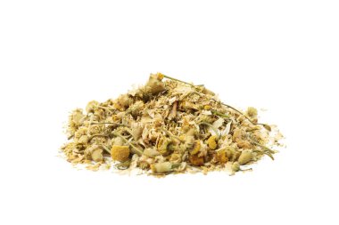 Beyaz arka planda izole edilmiş kurumuş papatya sürüsü.