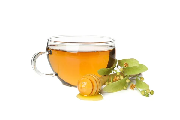 一杯茶 带蜂蜜的木制酒壶 白色背景隔离的林登 — 图库照片