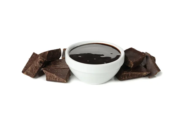 Chocolate Derretido Trozos Chocolate Aislados Sobre Fondo Blanco — Foto de Stock