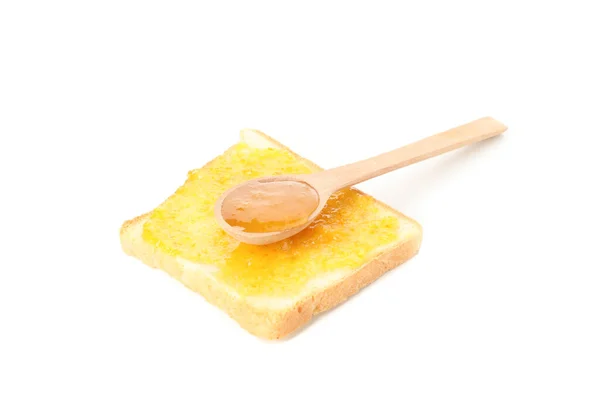 Löffel Und Toast Mit Orangenmarmelade Isoliert Auf Weißem Hintergrund — Stockfoto