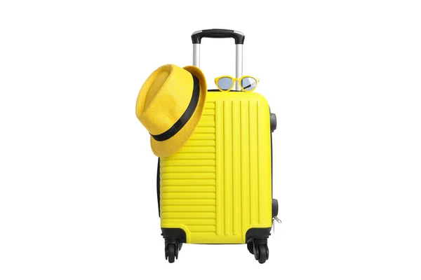 Reisetasche Mit Sonnenbrille Und Hut Isoliert Auf Weißem Hintergrund — Stockfoto