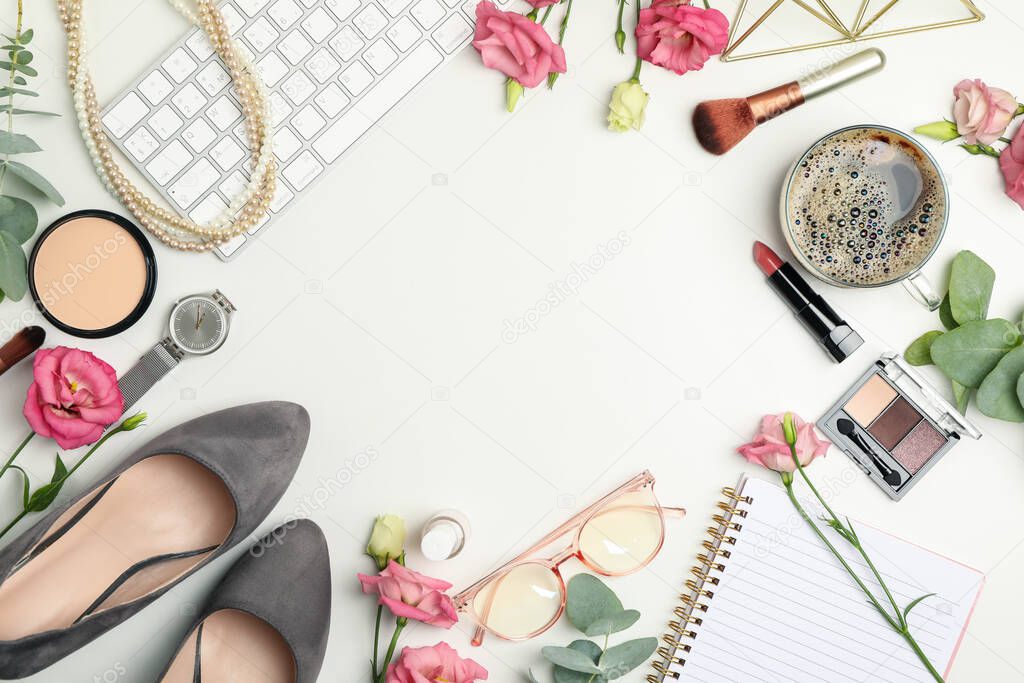 Composition with female accessories on white background. Woman blogger