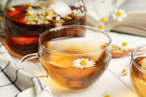 Composition Chamomile Tea White Wooden Background — Stock Photo, Image