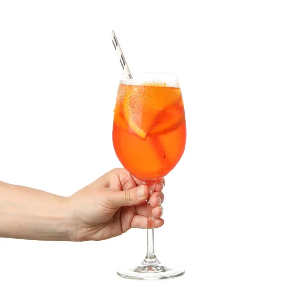 Vrouwelijke Hand Met Glas Van Aperol Spritz Cocktail Geïsoleerd Witte — Stockfoto