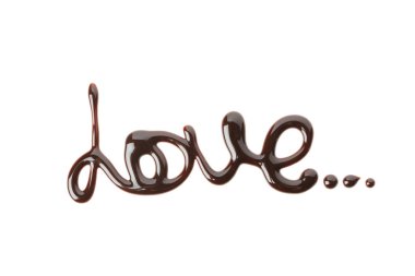 Aşk kelimesi beyaz arka planda izole edilmiş çikolata sosundan yapılmıştır.
