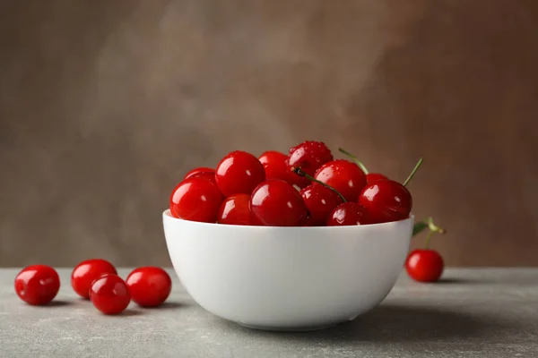 Bowl Red Cherry Gray Table Space Text — Stock Photo, Image