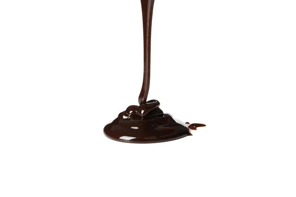 Chocolate Derretido Está Derramando Isolado Fundo Branco — Fotografia de Stock