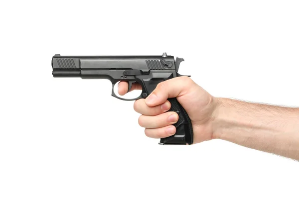 Mão Masculina Segurar Pistola Preta Isolado Fundo Branco — Fotografia de Stock