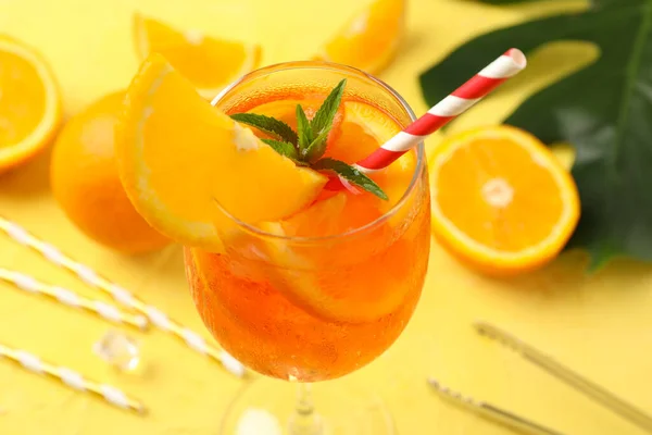 Composition Aperol Spritz Cocktail Yellow Background — Stock Photo, Image