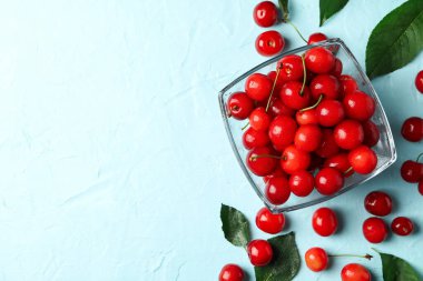 Mavi arka planda kırmızı kirazlı kase, üst görünümde.