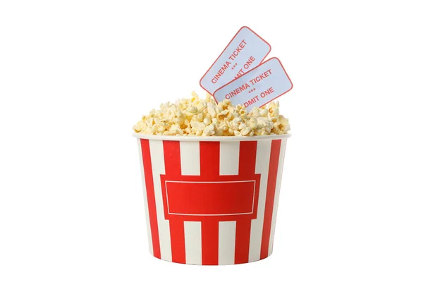 Hink Med Popcorn Och Biljetter Isolerade Vit Bakgrund — Stockfoto