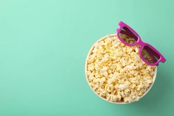 Bucket Popcorn Glasses Mint Background — Stock Photo, Image