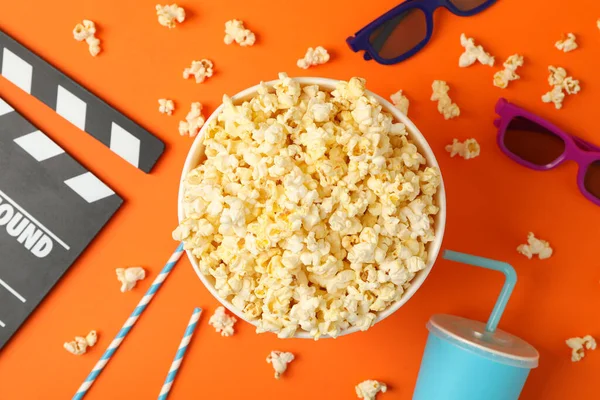 Composition Bucket Popcorn Orange Background Food Watching Cinema — Stock Photo, Image