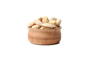 Fıstıklı kase beyaz arka planda izole edilmiş. Vitamin yiyeceği.