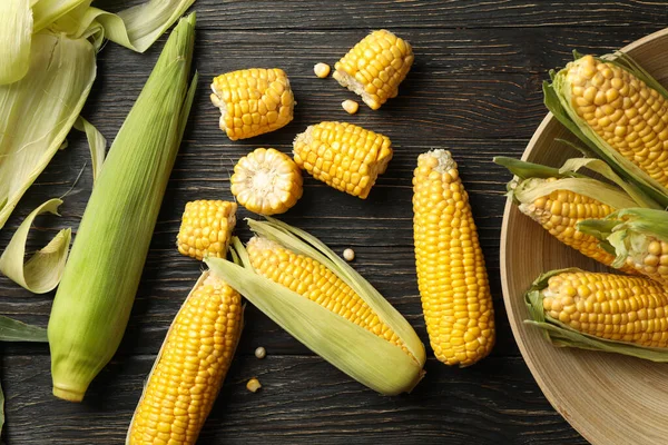 Composition Fresh Raw Corn Wooden Table — Stock Photo, Image