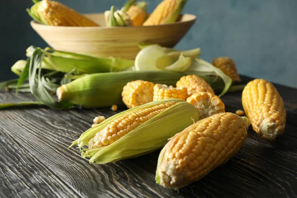 Composition Fresh Raw Corn Wooden Table — Stock Photo, Image