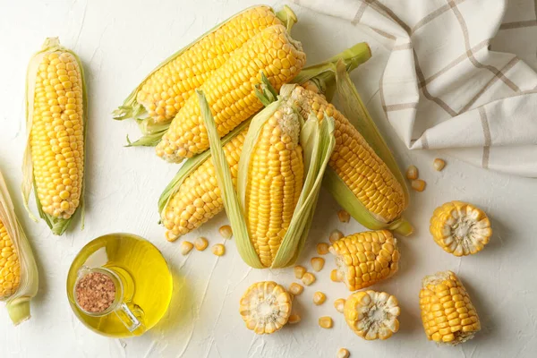 Composition Fresh Raw Corn White Background Top View — Stock Photo, Image