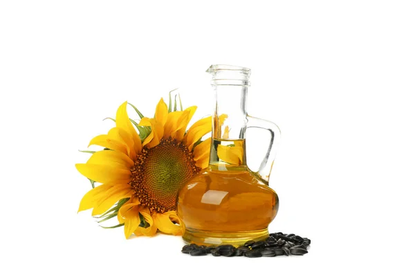 向日葵 种子和玻璃瓶 白色背景下隔离的油 — 图库照片