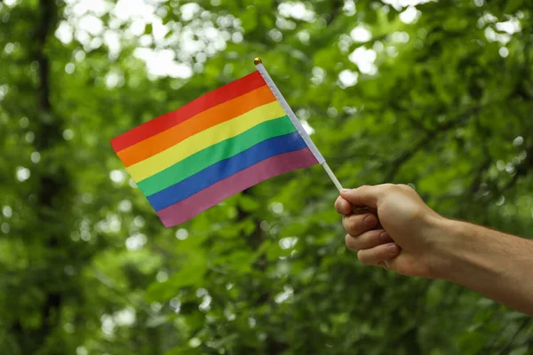 Mão Masculina Segura Bandeira Lgbt Livre Contra Vegetação — Fotografia de Stock