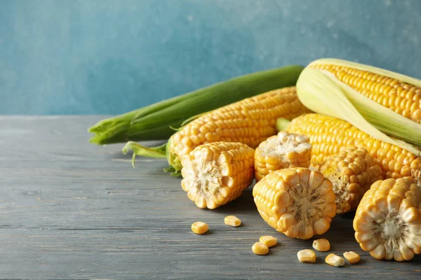 Composition Fresh Raw Corn Gray Wooden Table — Stock Photo, Image