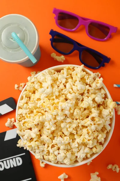 Composition Bucket Popcorn Orange Background Food Watching Cinema — Stock Photo, Image