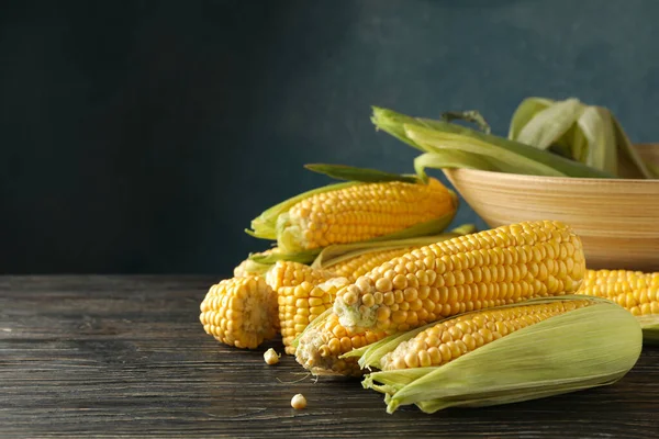 Composition Fresh Raw Corn Wooden Table — Stock Photo, Image