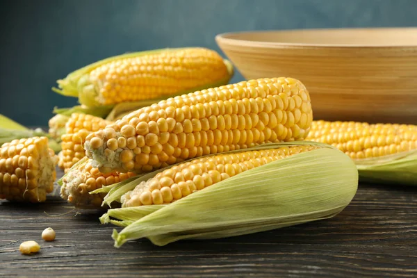 Composition Fresh Raw Corn Wooden Table — Stock Photo, Image