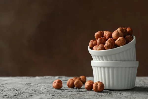 Bowls Hazelnuts Gray Table Vitamin Food — Stock Photo, Image