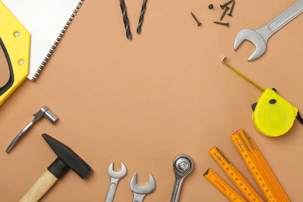 Construction Tools Beige Background Space Text — Stock Photo, Image