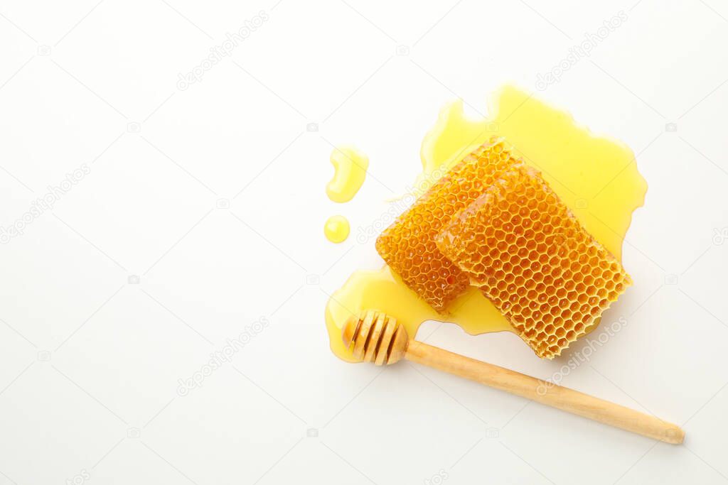 Dipper and honeycombs on white background, space for text
