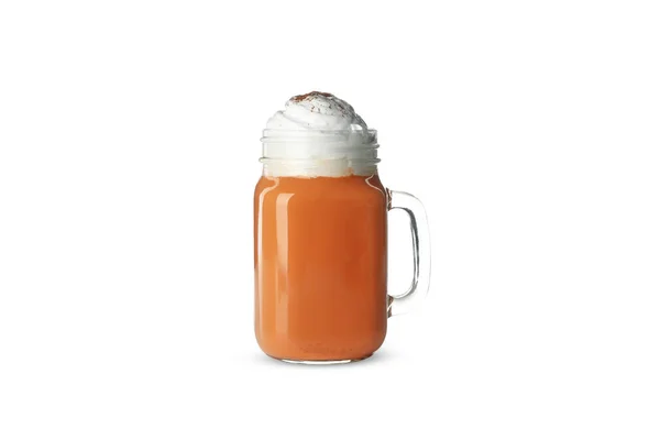 Glas Kopp Pumpa Latte Isolerad Vit Bakgrund — Stockfoto