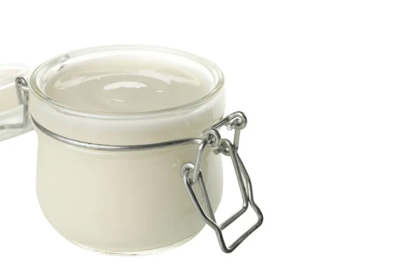 Frasco Vidro Iogurte Creme Azedo Isolado Fundo Branco — Fotografia de Stock