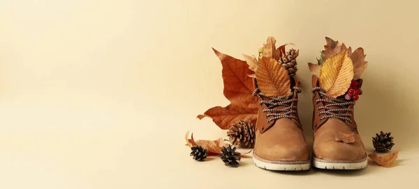 Stiefel Blätter Und Zapfen Auf Beigem Hintergrund Platz Für Text — Stockfoto