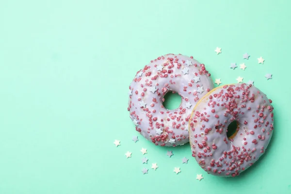 Tasty Donuts Mint Background Space Text — Stock Photo, Image