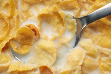 Müsli sütlü ve kaşıklı, yakın çekim.