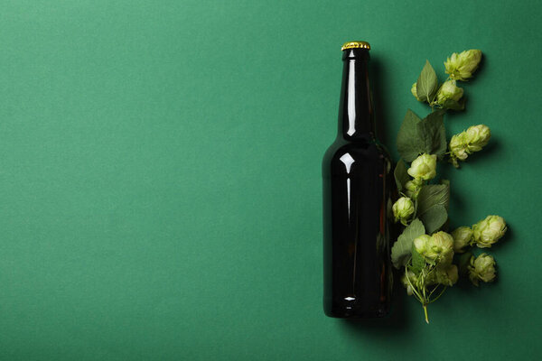 Bottle of beer and hop on green background, space for text