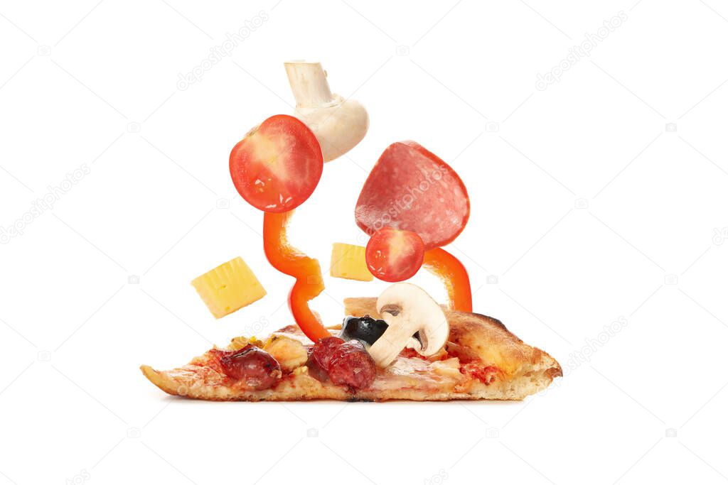Tasty pizza and ingredients isolated on white background