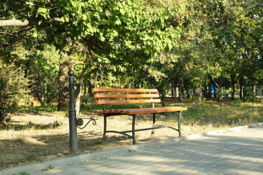 Güneşli bir sabahta güzel bir şehir parkı.