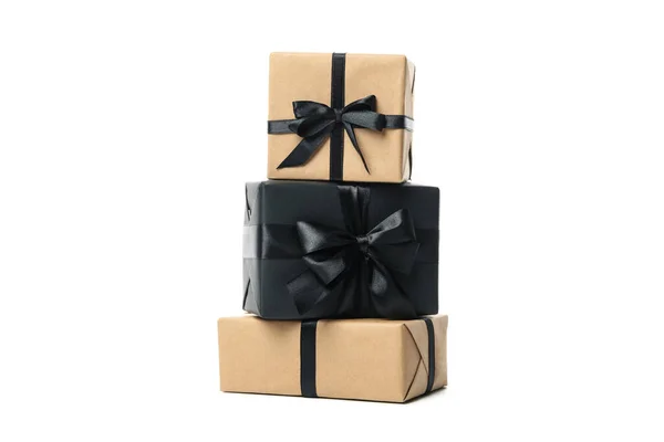 Κουτιά Δώρων Μαύρο Τόξο Που Απομονώνονται Λευκό Φόντο — Φωτογραφία Αρχείου